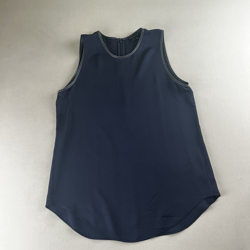 THEORY Navy Blue 100% Silk/Leather Short Sleeve Back Zipper Blouse shirt sz S/P